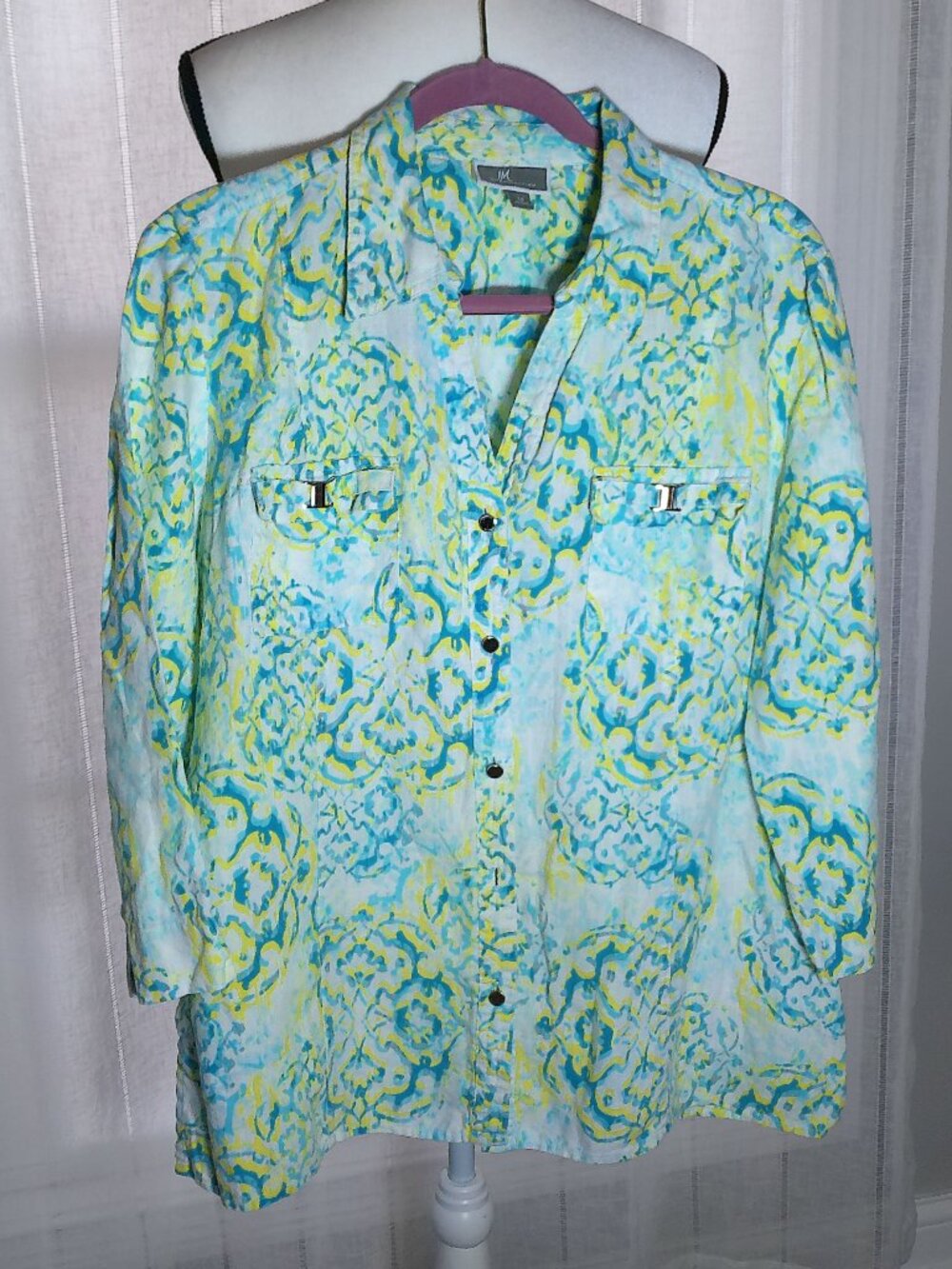 JM COLLECTIONS 3/4 Sleeve Collared V-Neck Button Down Linen Floral Blouse 14